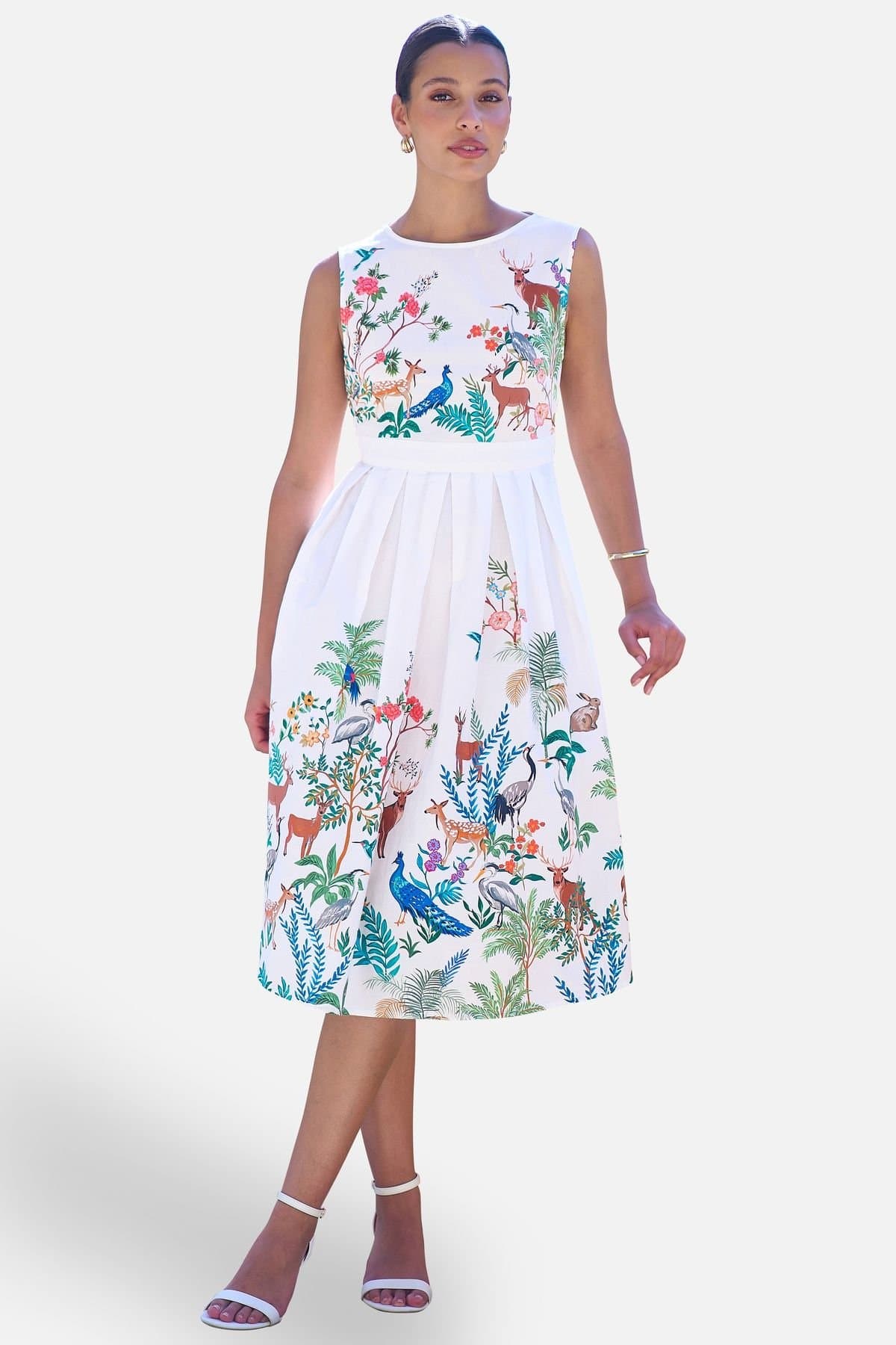 Yumi Yumi Women's Woodland Animal Print Cotton Midi Skater Dress in White