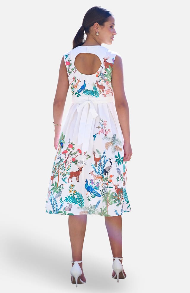 Yumi Yumi Women's Woodland Animal Print Cotton Midi Skater Dress in White - 2