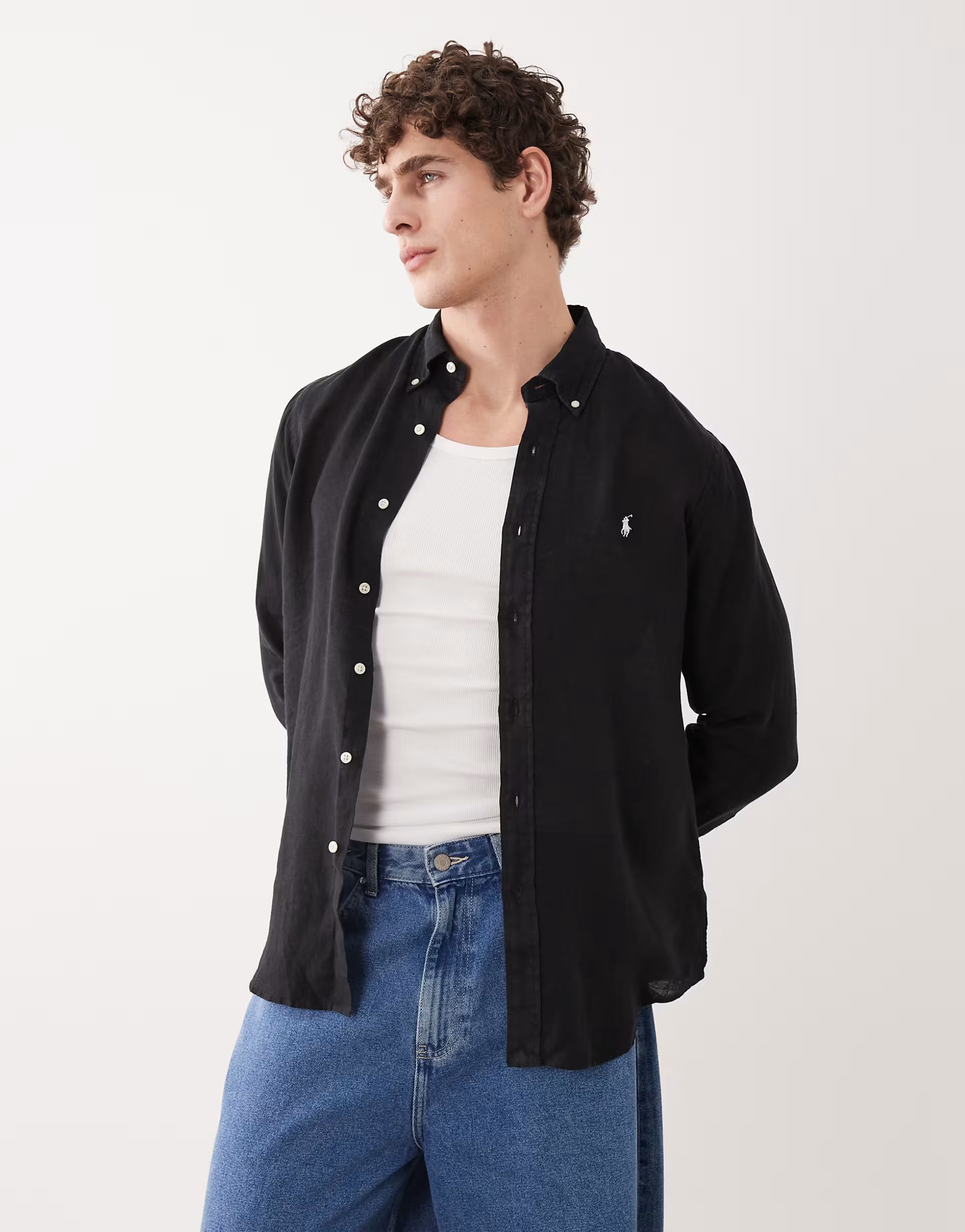 ASOS Polo Ralph Lauren icon logo linen shirt in black - 1