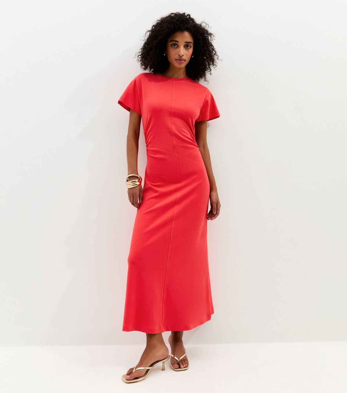 New Look Women's Dark Coral Shirred Side Jersey Midi Dress New Look