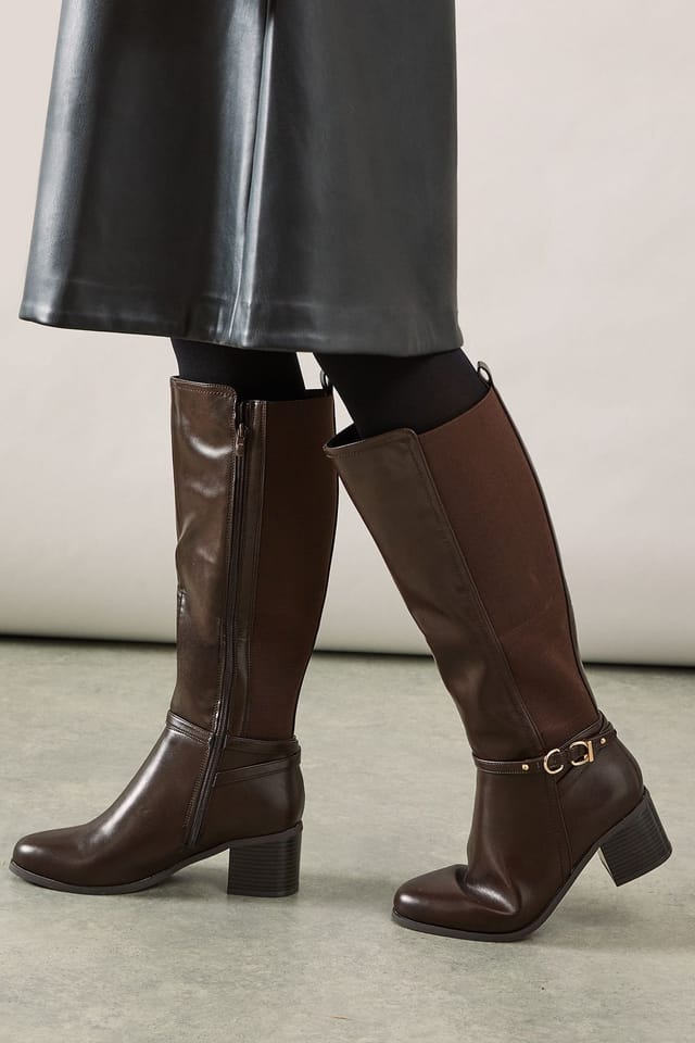 Wallis Wallis Women's Wide Fit Hills Faux Leather Stretch Mid Block Heel Knee Boots in Brown - 3