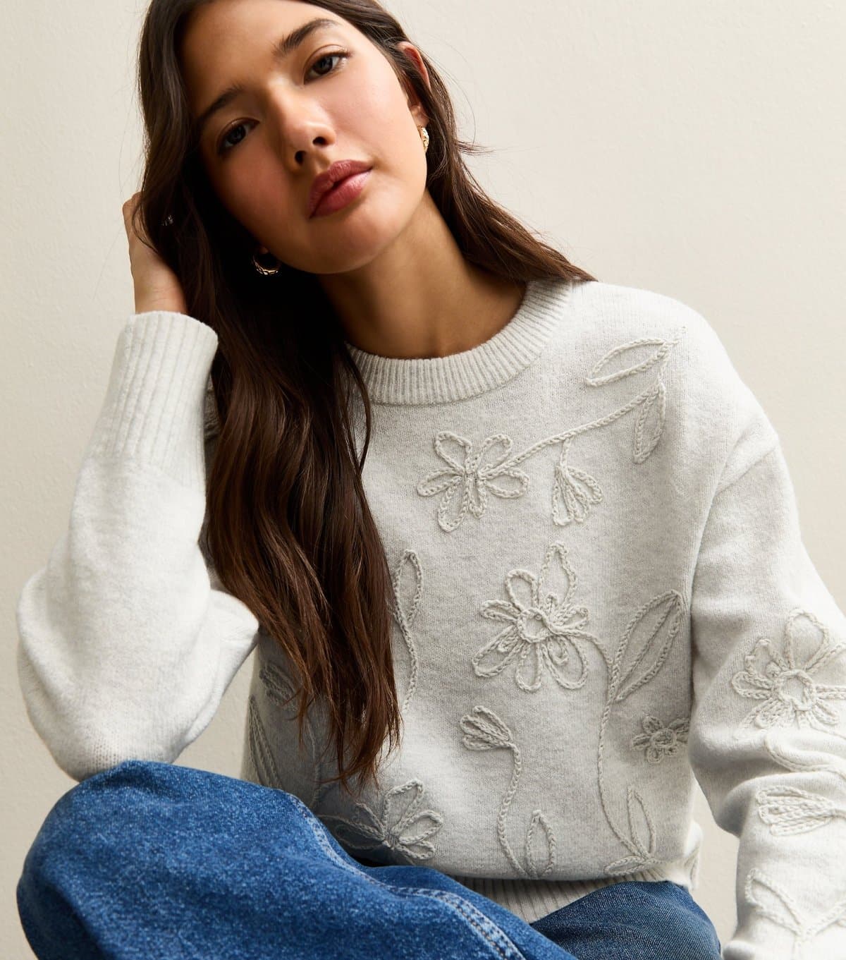 New Look Women's Light Grey Floral Embroidered Jumper New Look