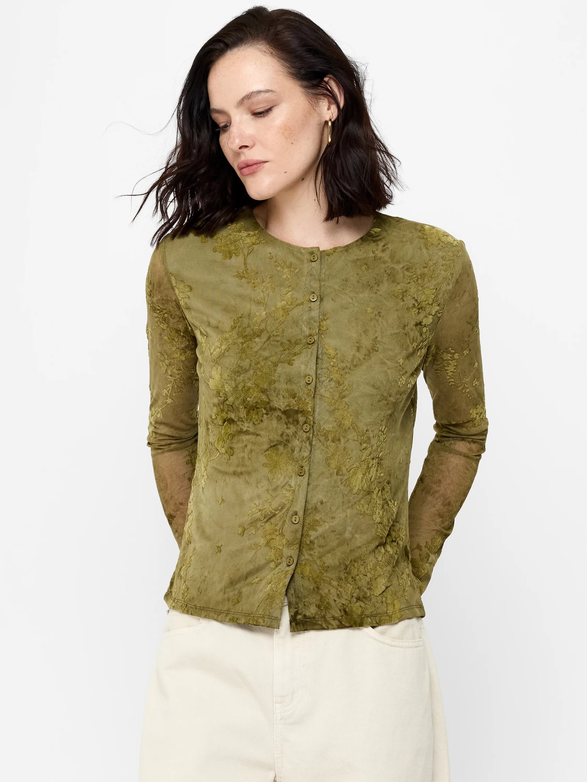French Connection Kenny Floral Velvet Devore Mesh Button Through Top Moss Green