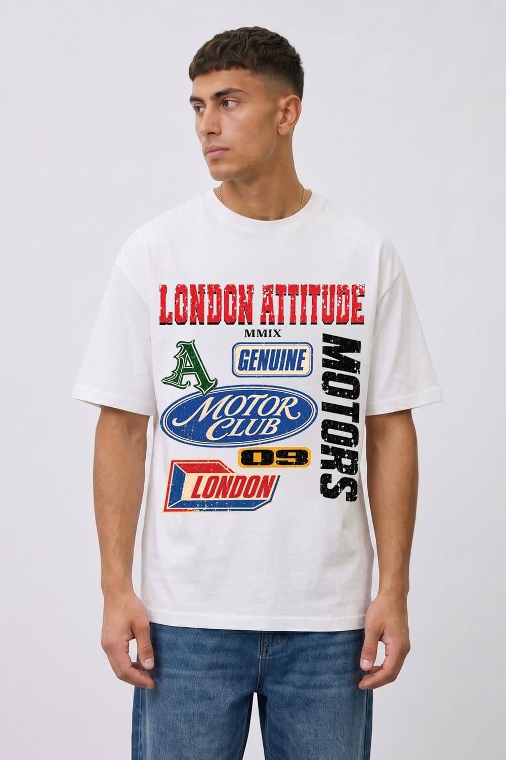 LONDON ATTITUDE LONDON ATTITUDE Men's Oversized Heavyweight Vintage Racing T-Shirt in White