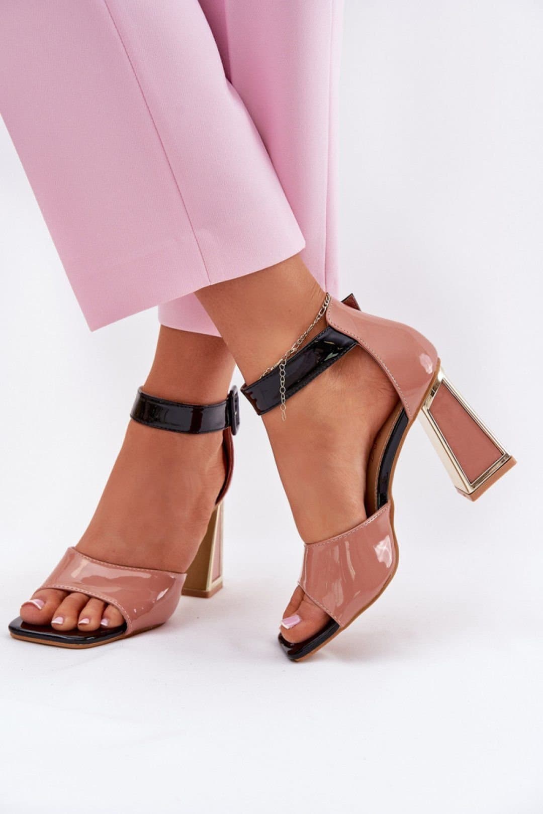Love Lace Love Lace Pink Patent Leather Column Heel Sandals