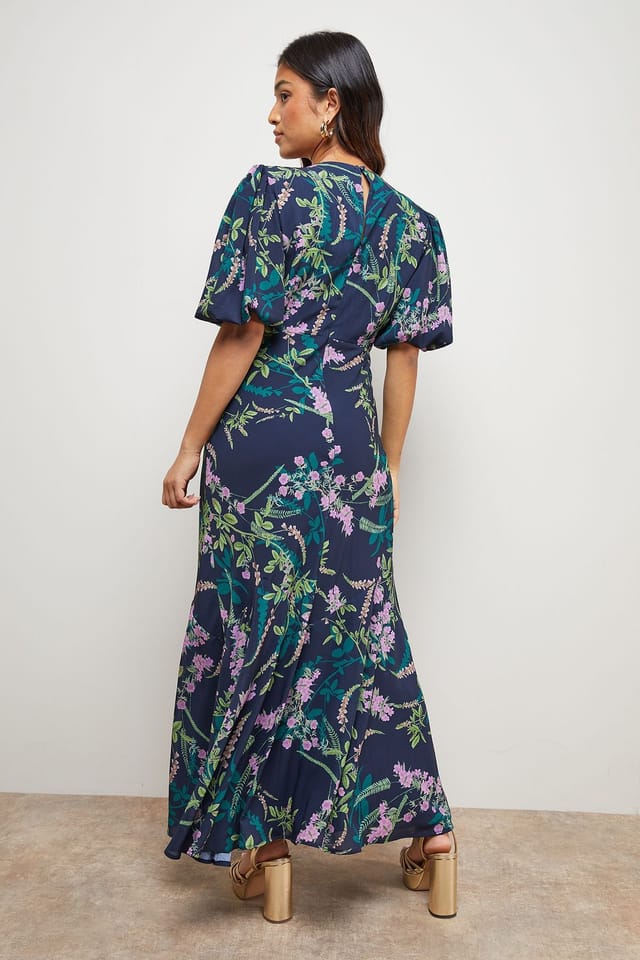 Oasis Oasis Women's Petite Printed Chiffon Puff Sleeve Fishtail Midaxi Dress in Navy - 3