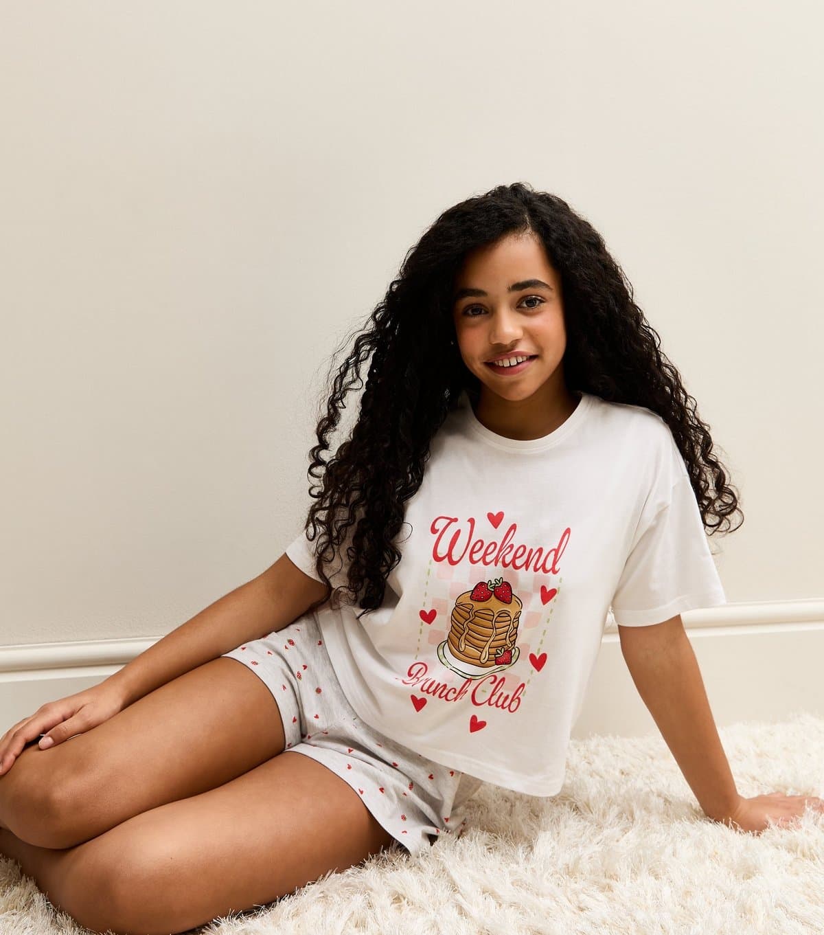 New Look Girls' Cream Pancake Print T-Shirt and Shorts Pyjama Set New Look