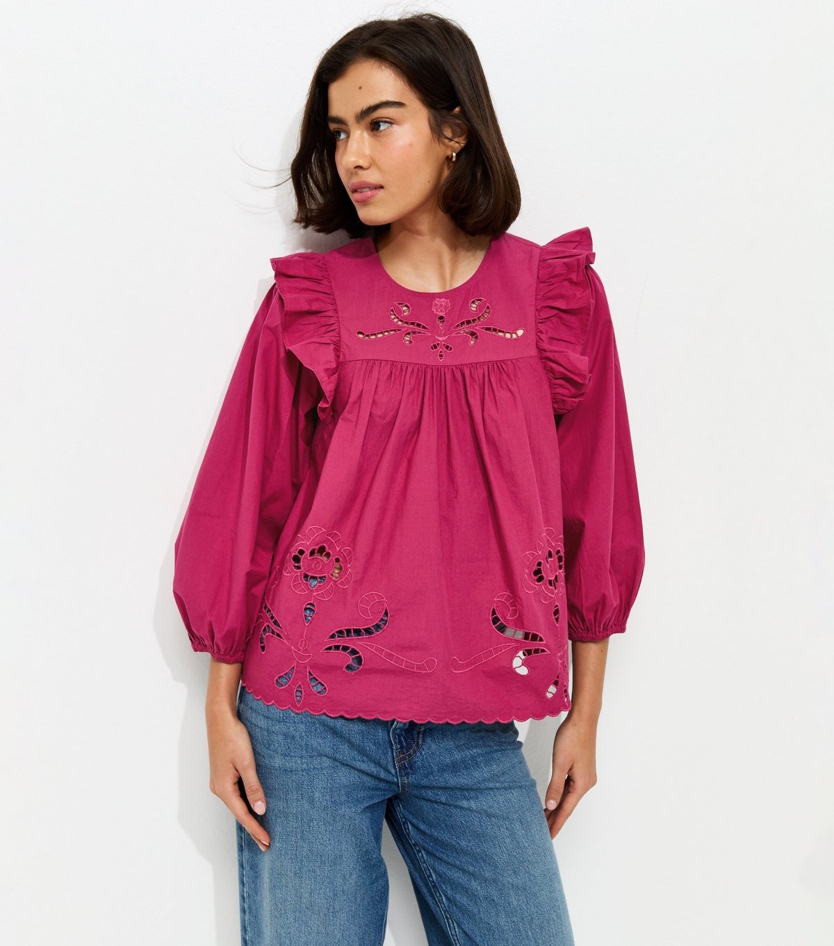 New Look Women's Dark Pink Broderie Anglaise Frill Trim Blouse New Look - 2