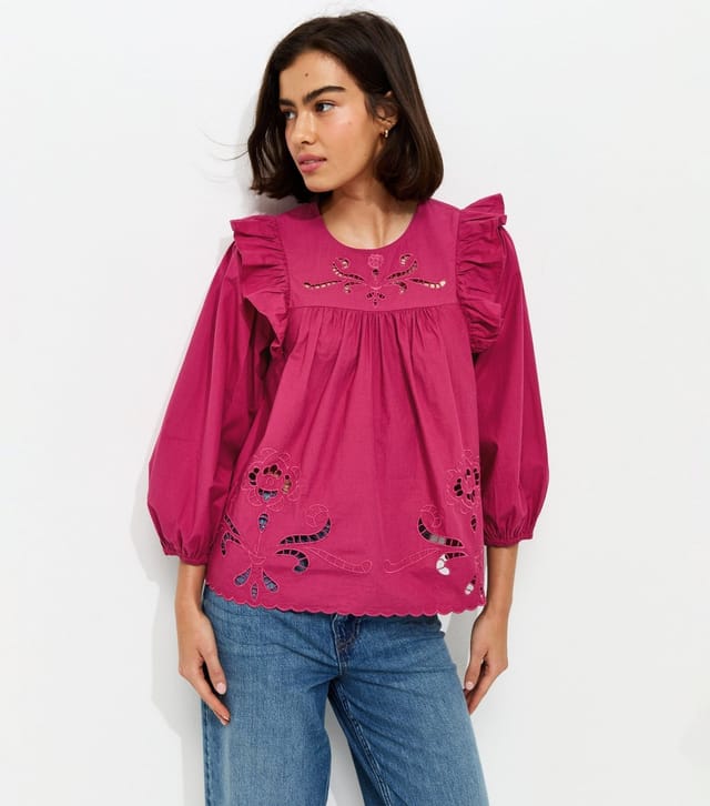 New Look Women's Dark Pink Broderie Anglaise Frill Trim Blouse New Look - 2