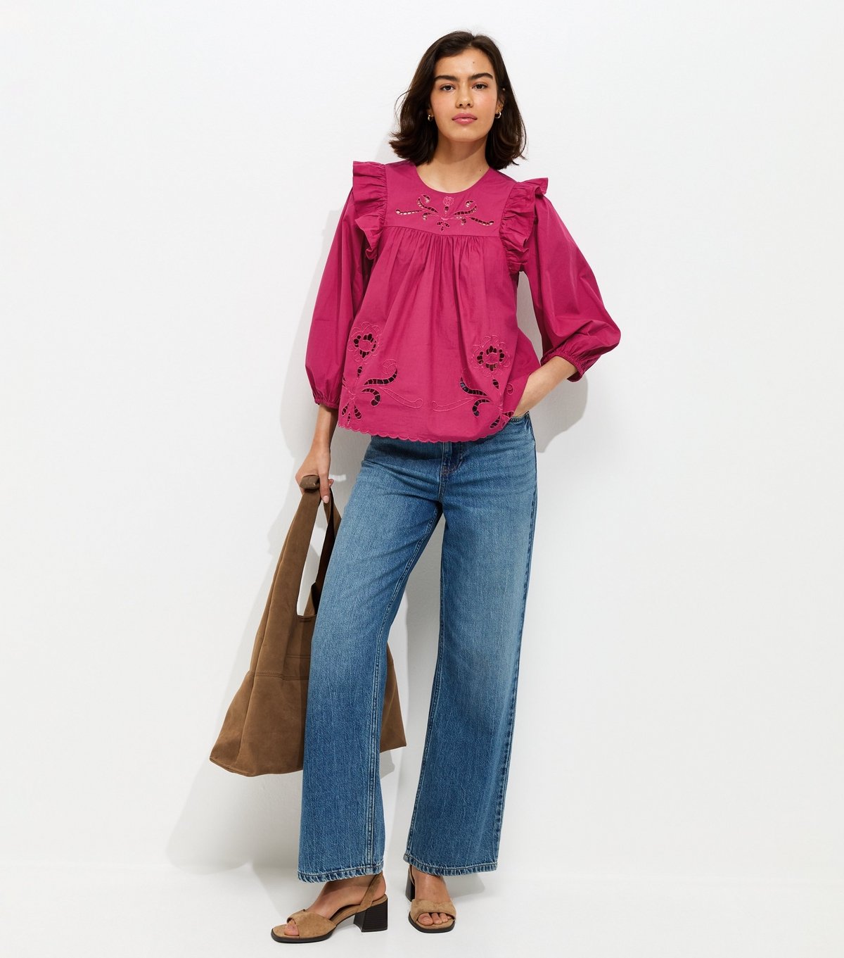 New Look Women's Dark Pink Broderie Anglaise Frill Trim Blouse New Look - 3