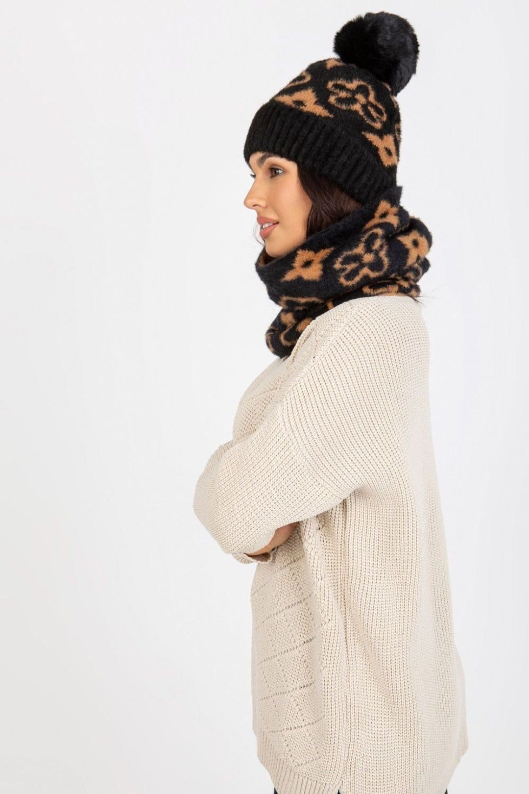 Love Lace Love Lace Women's Warm Infinity Scarf with Pattern Designed for Matching Cap Set in Black - 4