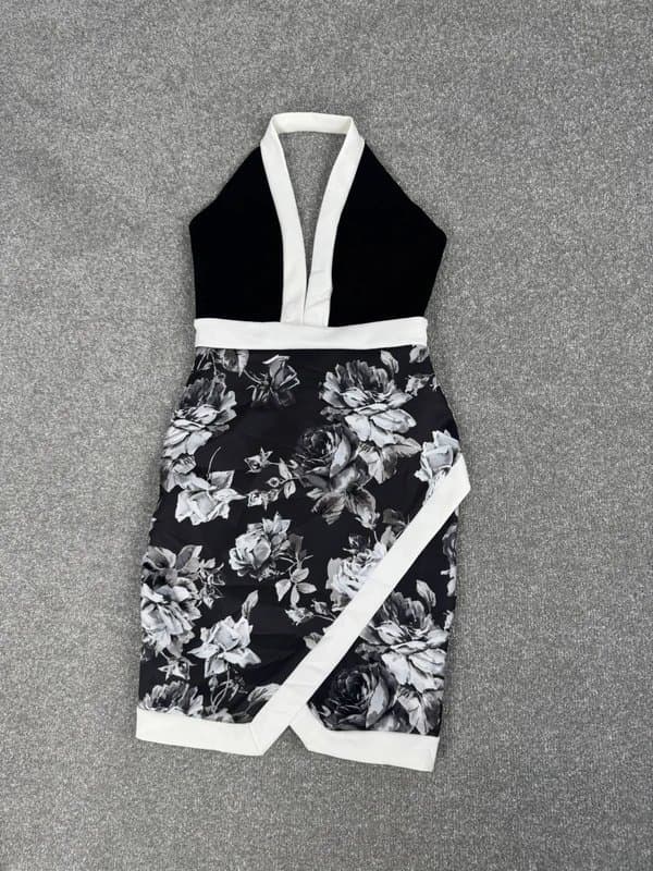 Missguided Missguided Black White Floral Halter Backless Dress Size 8 |  Wrap Skirt Dress
