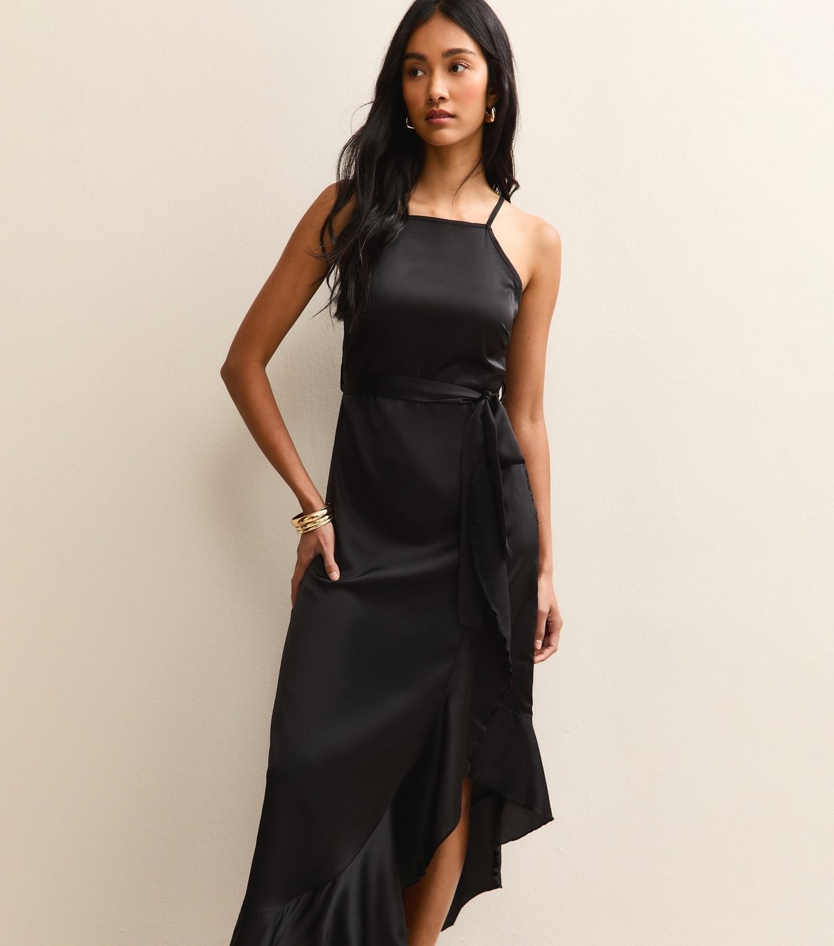 New Look Women's Black Satin Ruffled Wrap Midi Dress New Look - 2