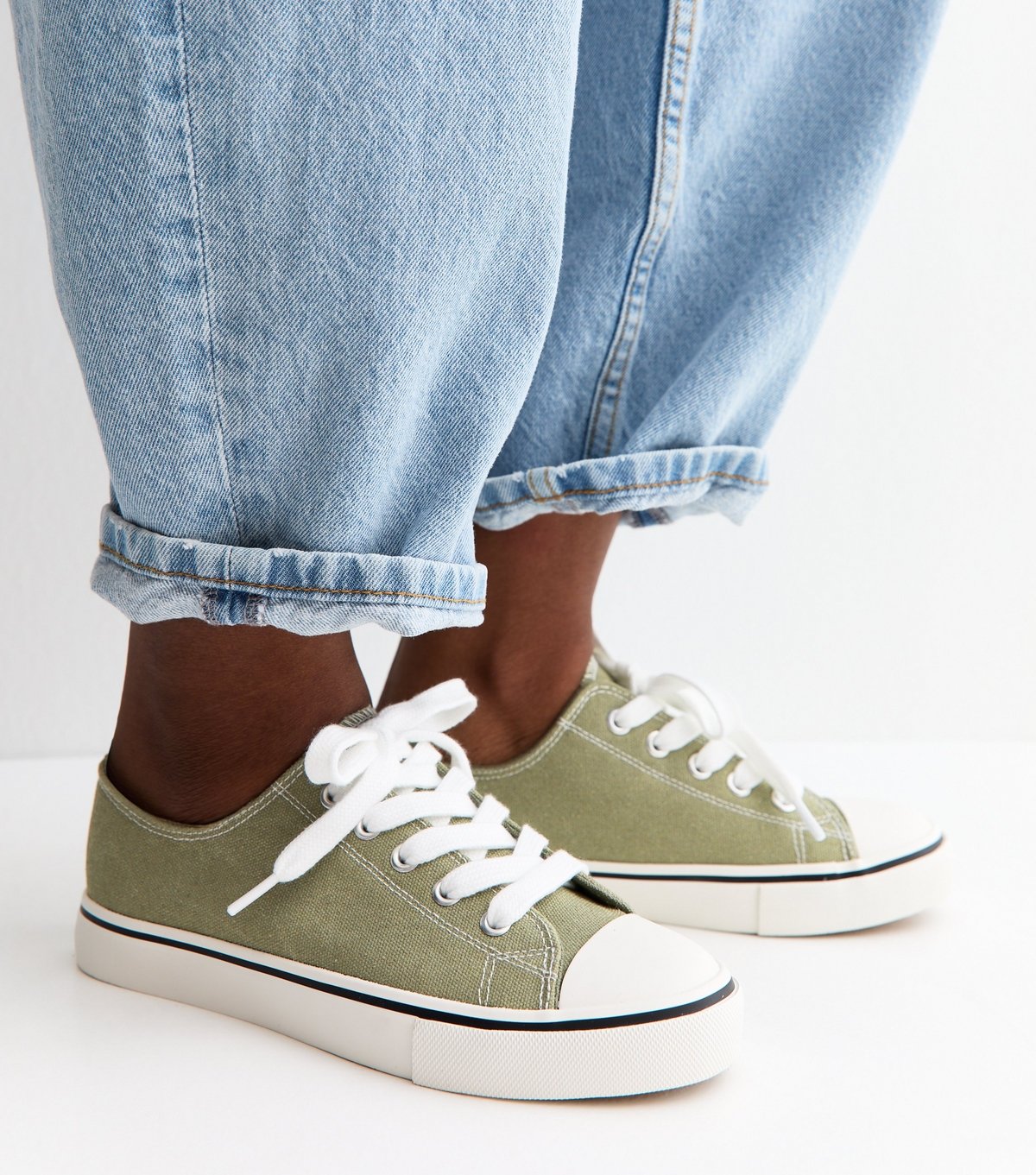 New Look Women's Light Khaki Canvas Lace Up Trainers Vegan New Look - 2