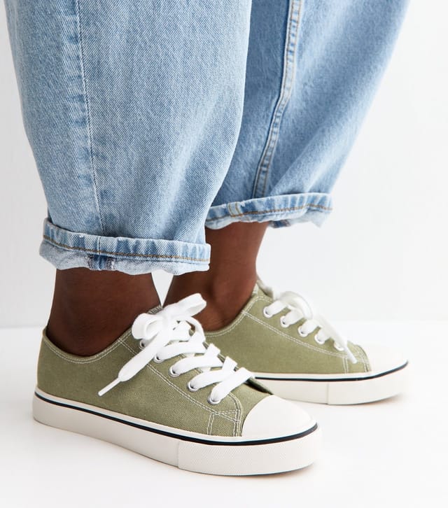 New Look Women's Light Khaki Canvas Lace Up Trainers Vegan New Look - 2