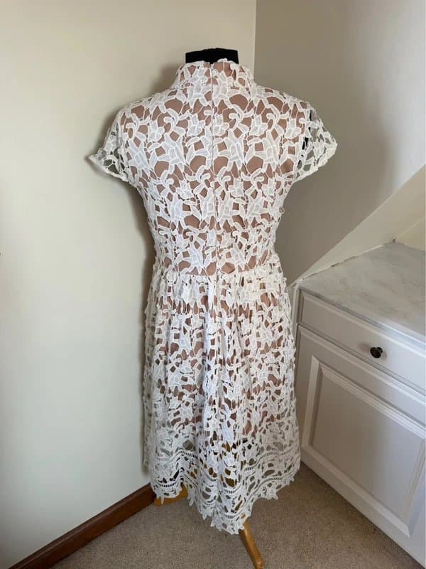 Boohoo Boohoo White Nude Floral Lace High Neck Skater Style Midi Summer Wedding Races Dress Size 14