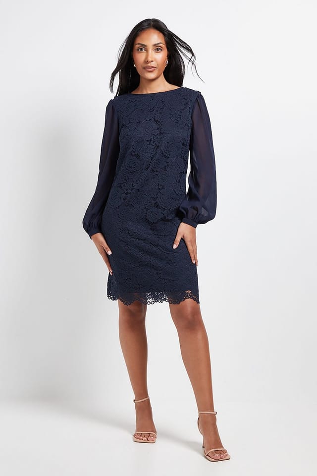 Wallis Wallis Women's Petite Lace Chiffon Cowl Back Shift Dress in Navy - 2
