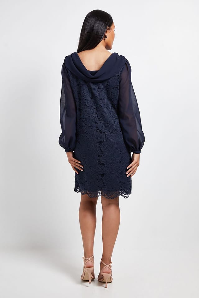 Wallis Wallis Women's Petite Lace Chiffon Cowl Back Shift Dress in Navy - 3