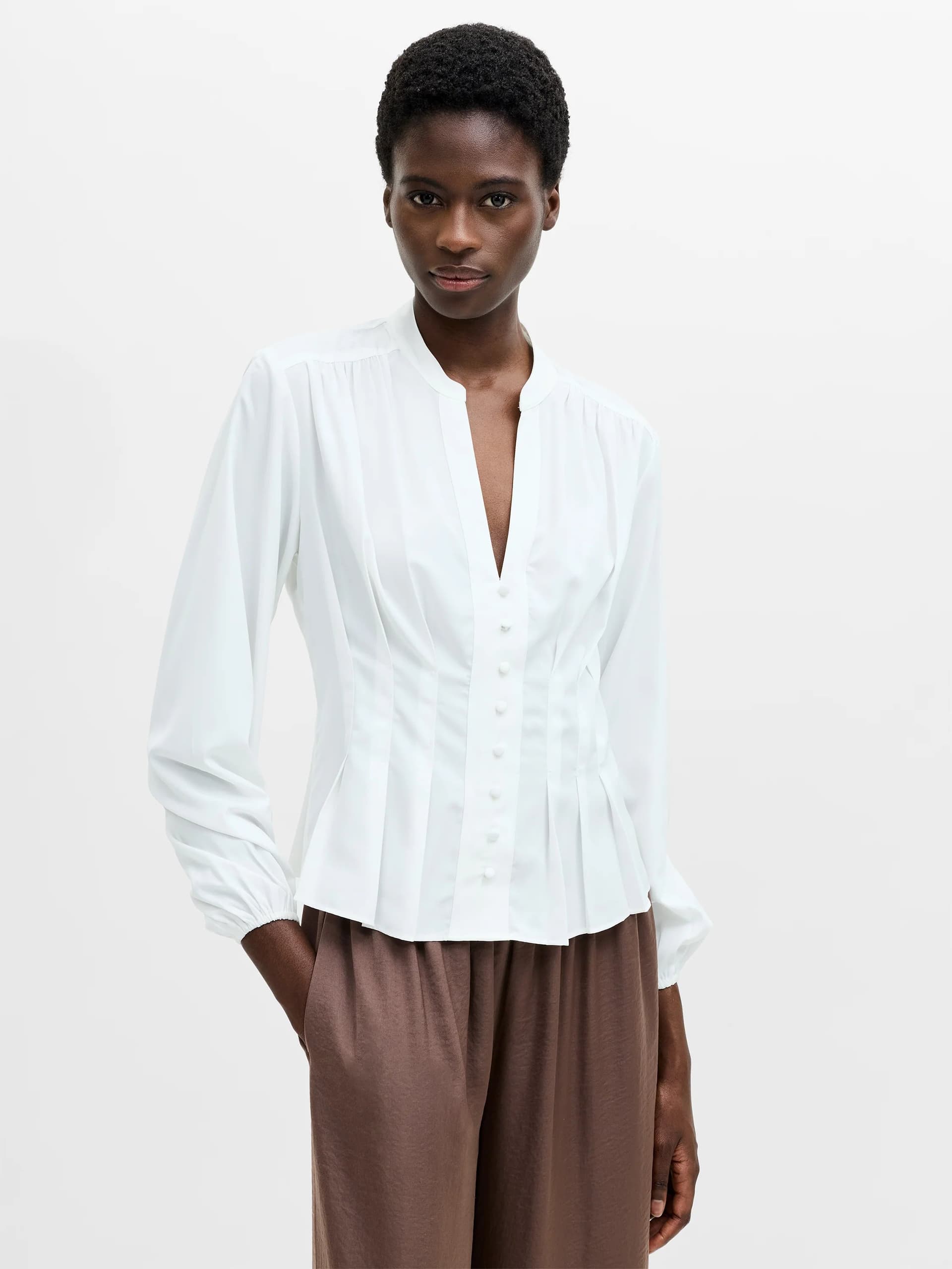 French Connection French Connection White Crepe Pleat Button-Down Top