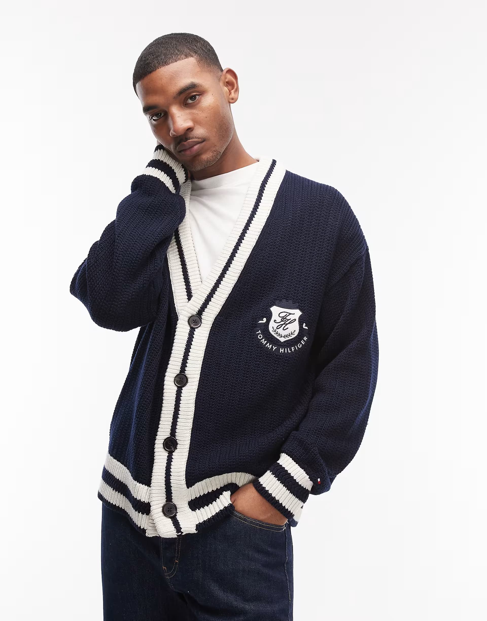 ASOS Tommy Hilfiger athleisure cricket cardigan in navy