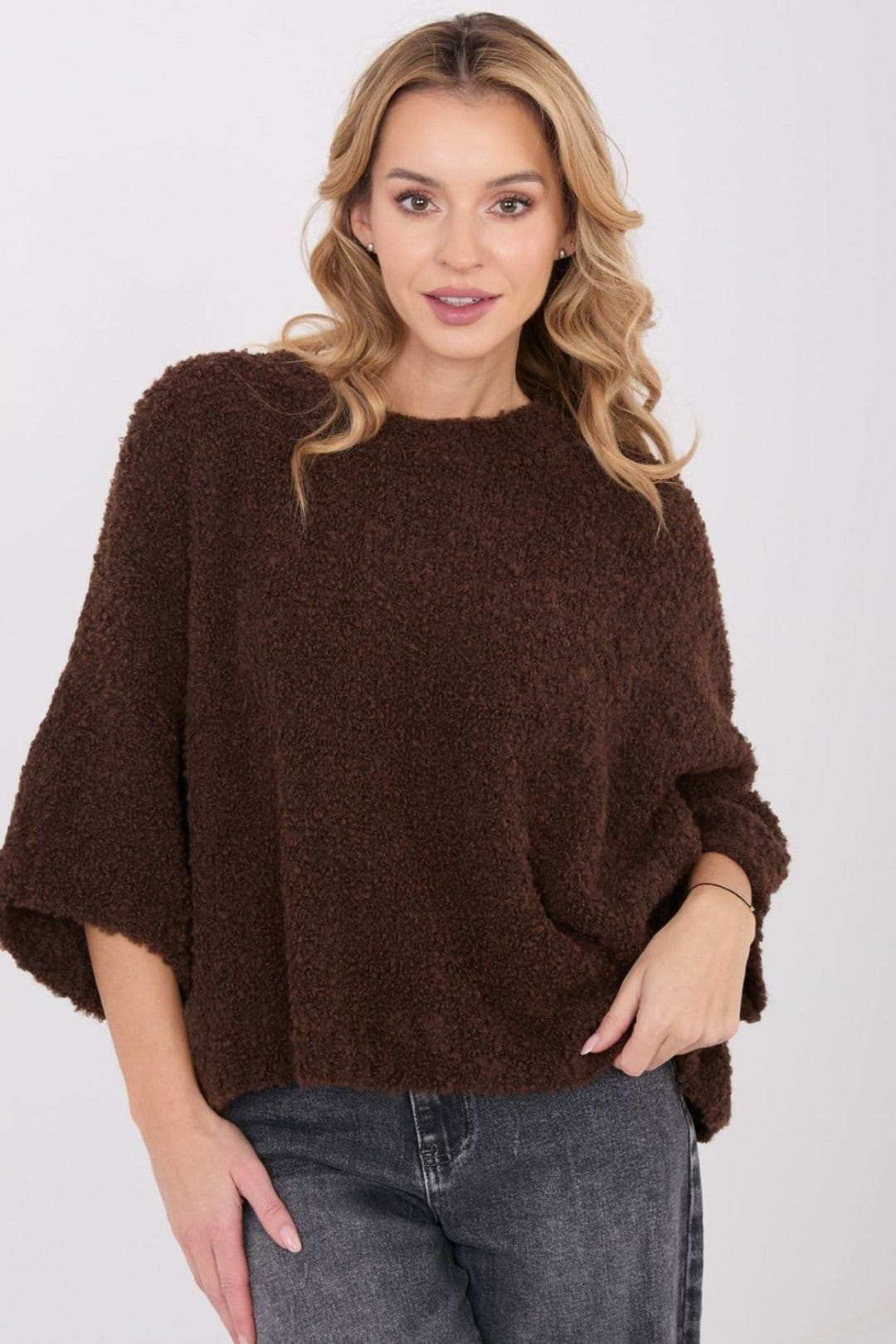 Love Lace Love Lace Women's Boucle Round Neck Loose Knit Sweater in Brown - 4