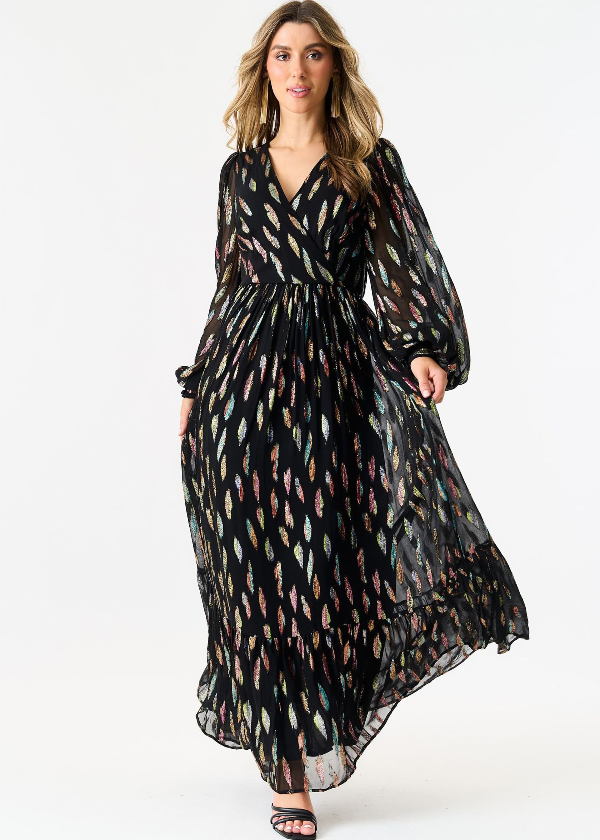 Gini London Gini London Women's Black Metallic Print Full Sleeve Maxi Dress