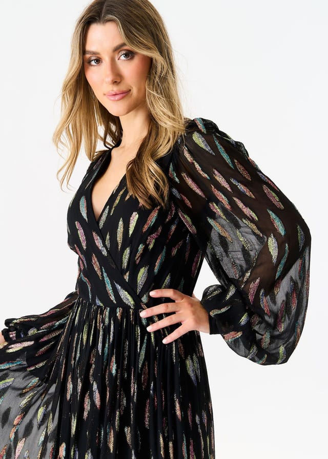 Gini London Gini London Women's Black Metallic Print Full Sleeve Maxi Dress - 2