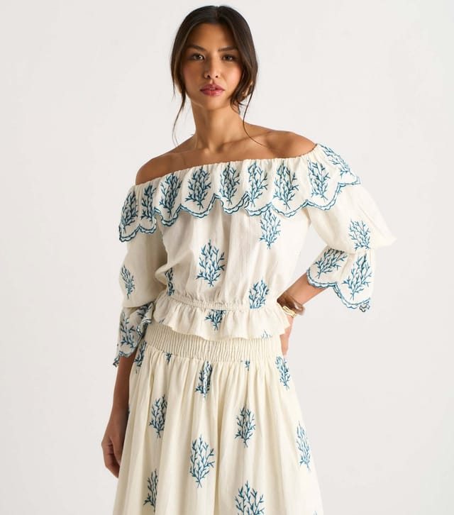 Gini London Women's Off White Cotton Embroidered Bardot Top Gini London New Look - 2
