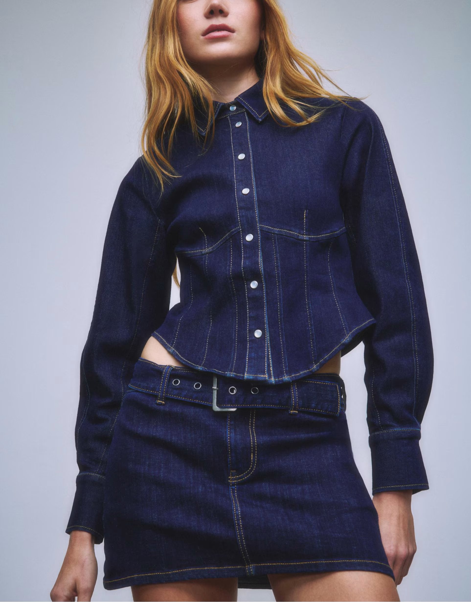 ASOS Stradivarius Denim skort with belt in rinse blue denim - 1