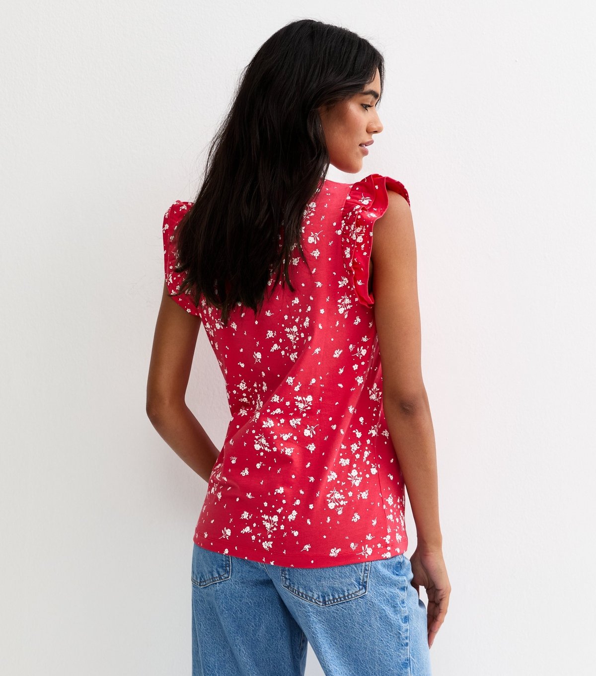 New Look Women's Red Ditsy Frill Sleeve Top New Look - 4