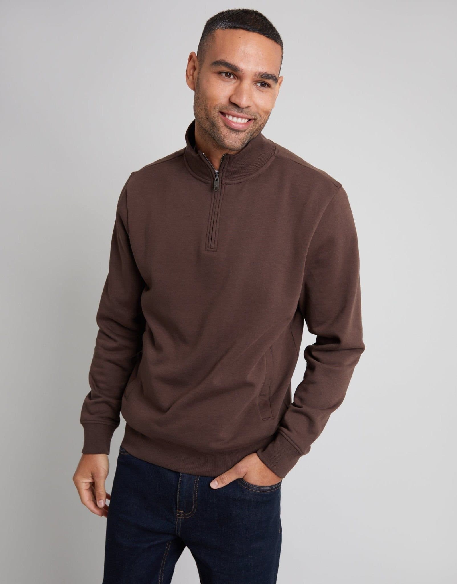 Threadbare threadbare Men's 'Patrick' Quarter Zip Neck Sweatshirt in Brown