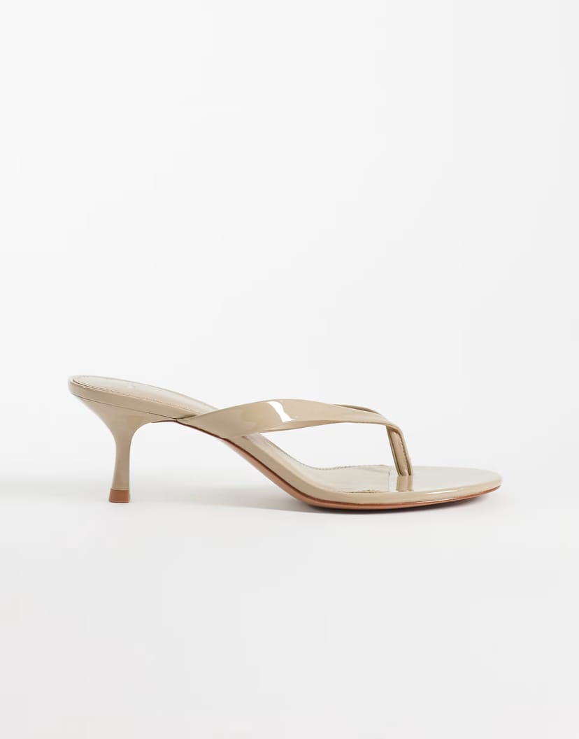 ASOS Mango faux leather patent feeled flip flop sandal in beige - 1