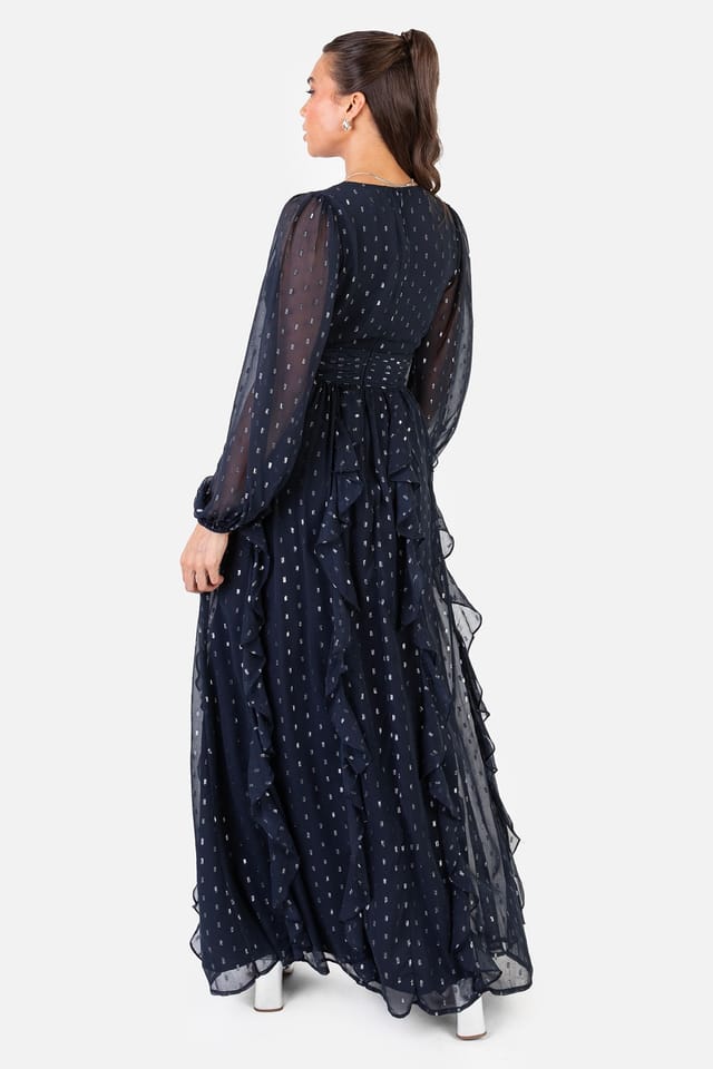 Anaya with Love Anaya with Love Women's Faux Wrap Waterfall Ruffle Dobby Maxi Dress in Blue - 2