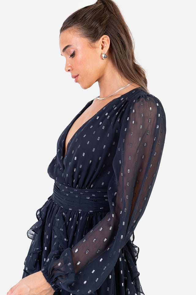 Anaya with Love Anaya with Love Women's Faux Wrap Waterfall Ruffle Dobby Maxi Dress in Blue - 3