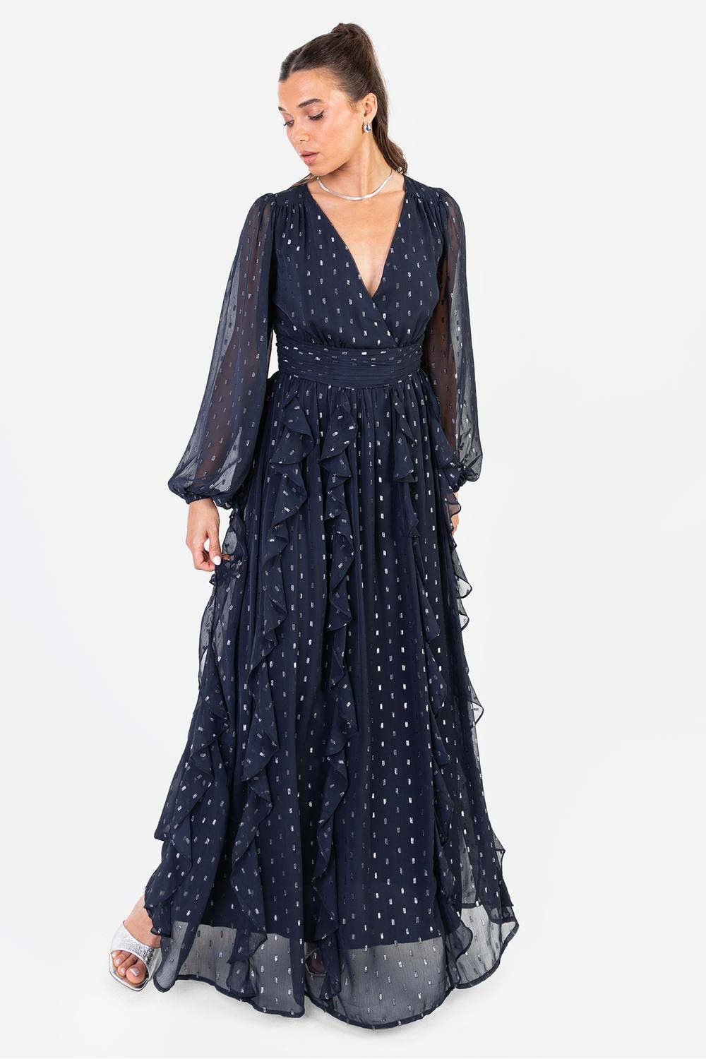 Anaya with Love Anaya with Love Women's Faux Wrap Waterfall Ruffle Dobby Maxi Dress in Blue - 4