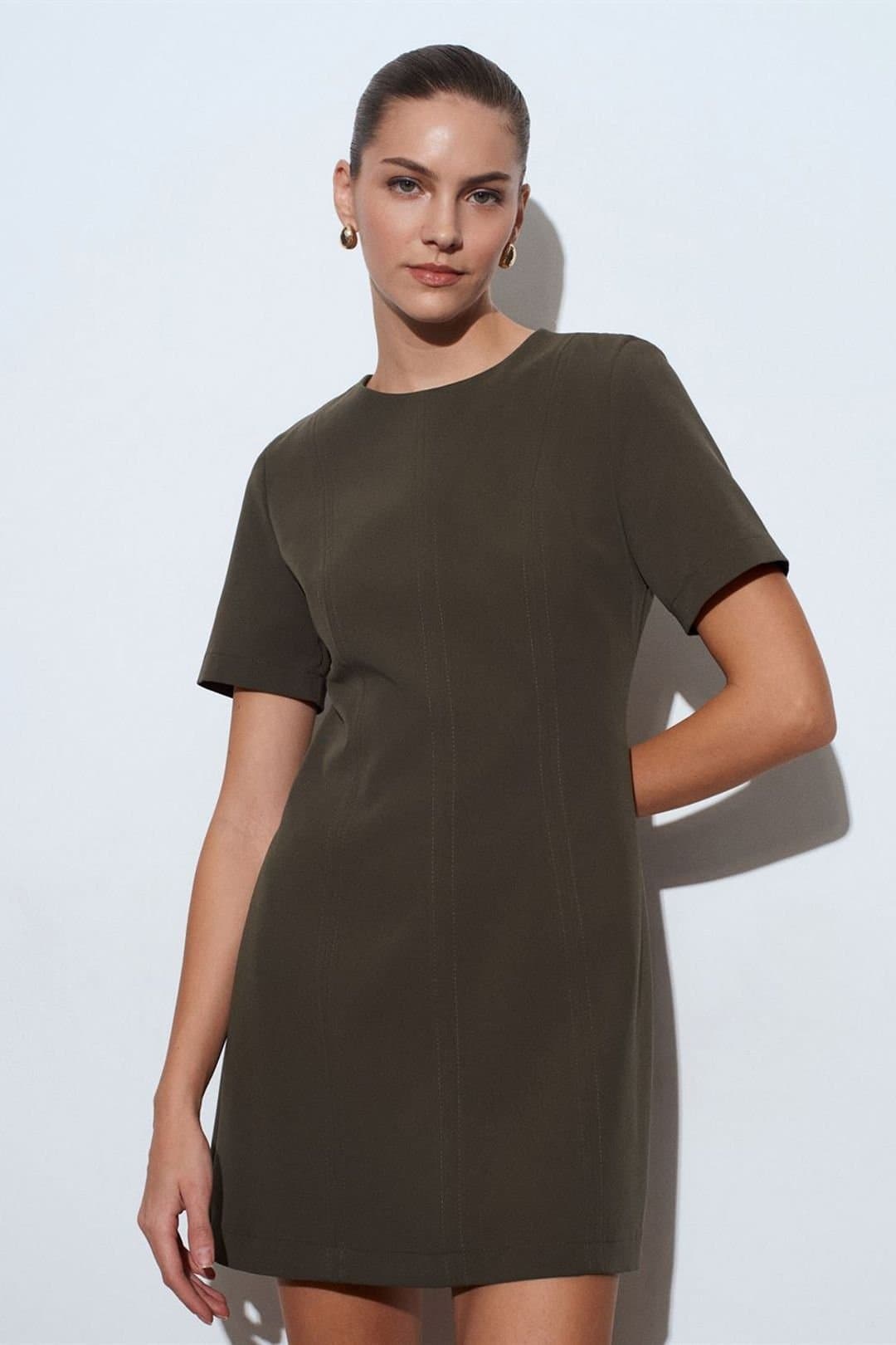 Dilvin Dilvin Women's Mini Shift Dress With Zipper in Olive