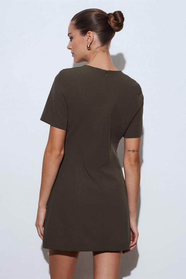 Dilvin Dilvin Women's Mini Shift Dress With Zipper in Olive - 2