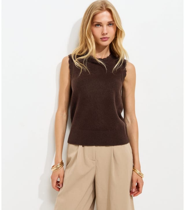 New Look Women's Dark Brown Scalloped Edge Knitted Tabard Vest New Look - 2
