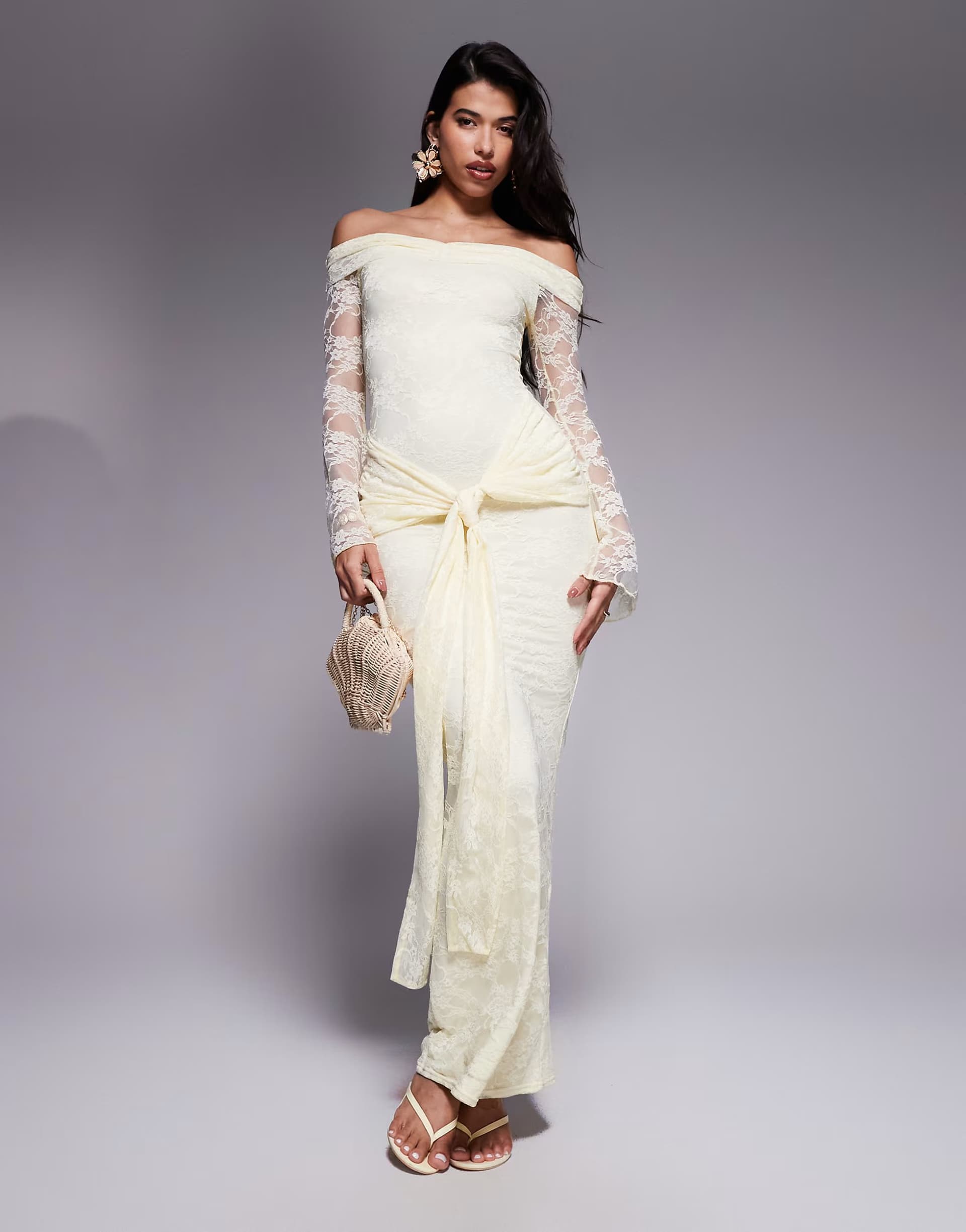 ASOS Kaiia exclusive double layered slinky lace bardot flare sleeve tie waist drape detail maxi dress in lemon