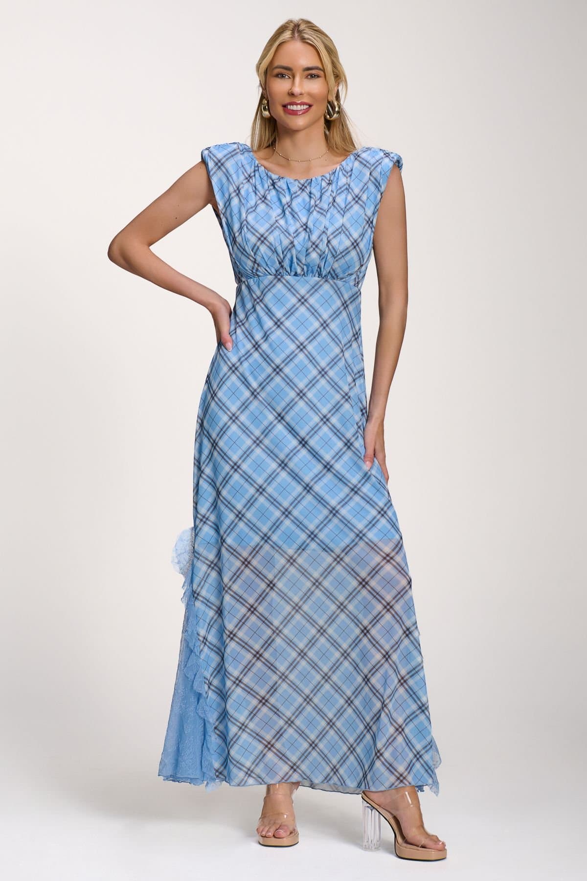 Jolie Moi Jolie Moi Women's Lace Insert Mesh Maxi Dress in Light Blue