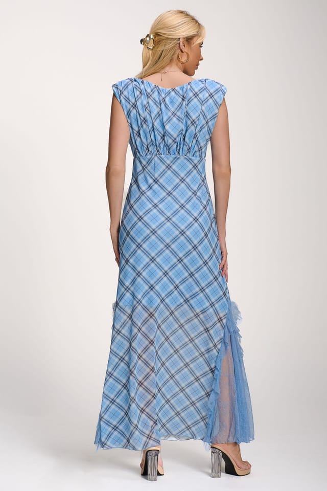 Jolie Moi Jolie Moi Women's Lace Insert Mesh Maxi Dress in Light Blue - 2