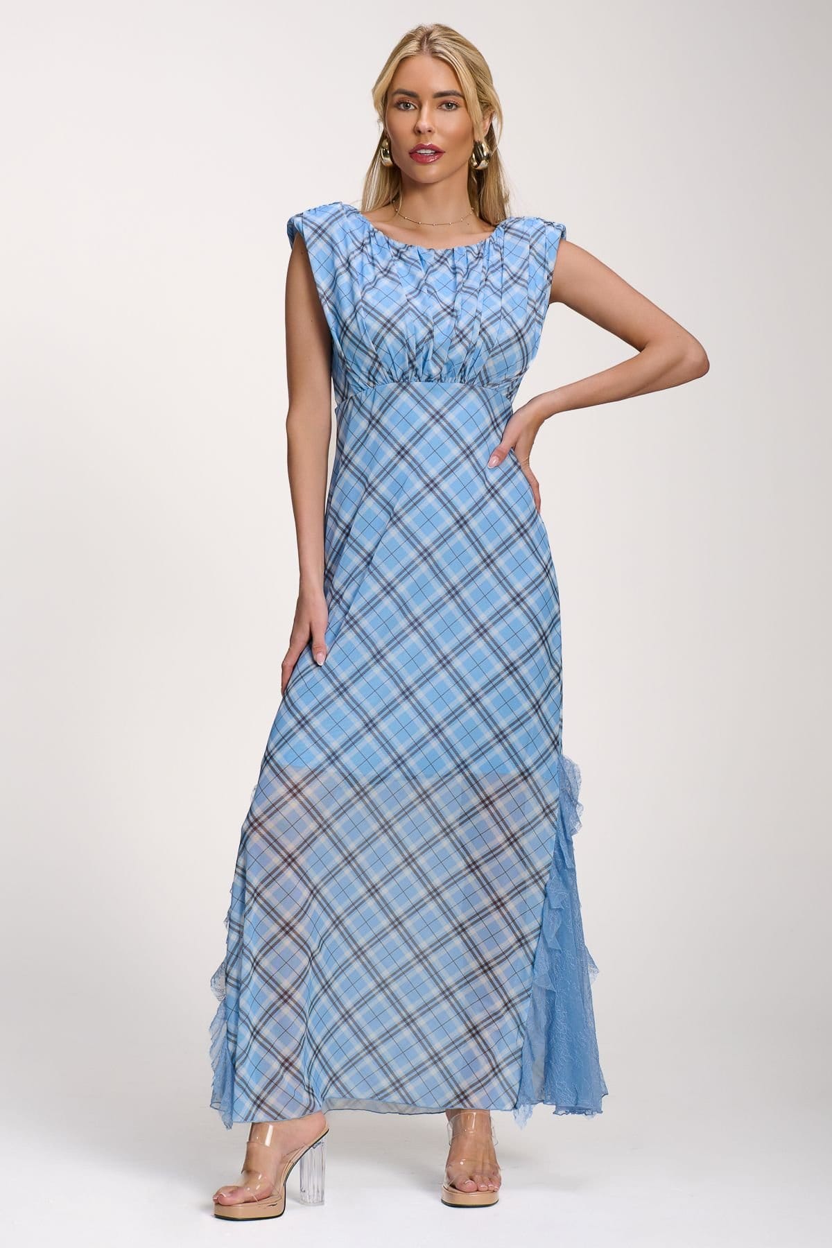 Jolie Moi Jolie Moi Women's Lace Insert Mesh Maxi Dress in Light Blue - 4