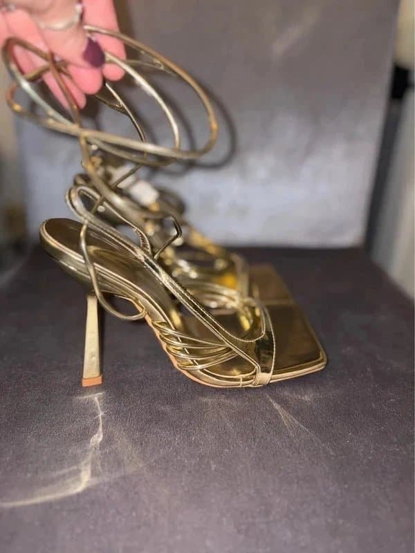 PLT Gold Metallic espadrille tie up strap heel square open toe shoe faux leather UK 3 wedding evening