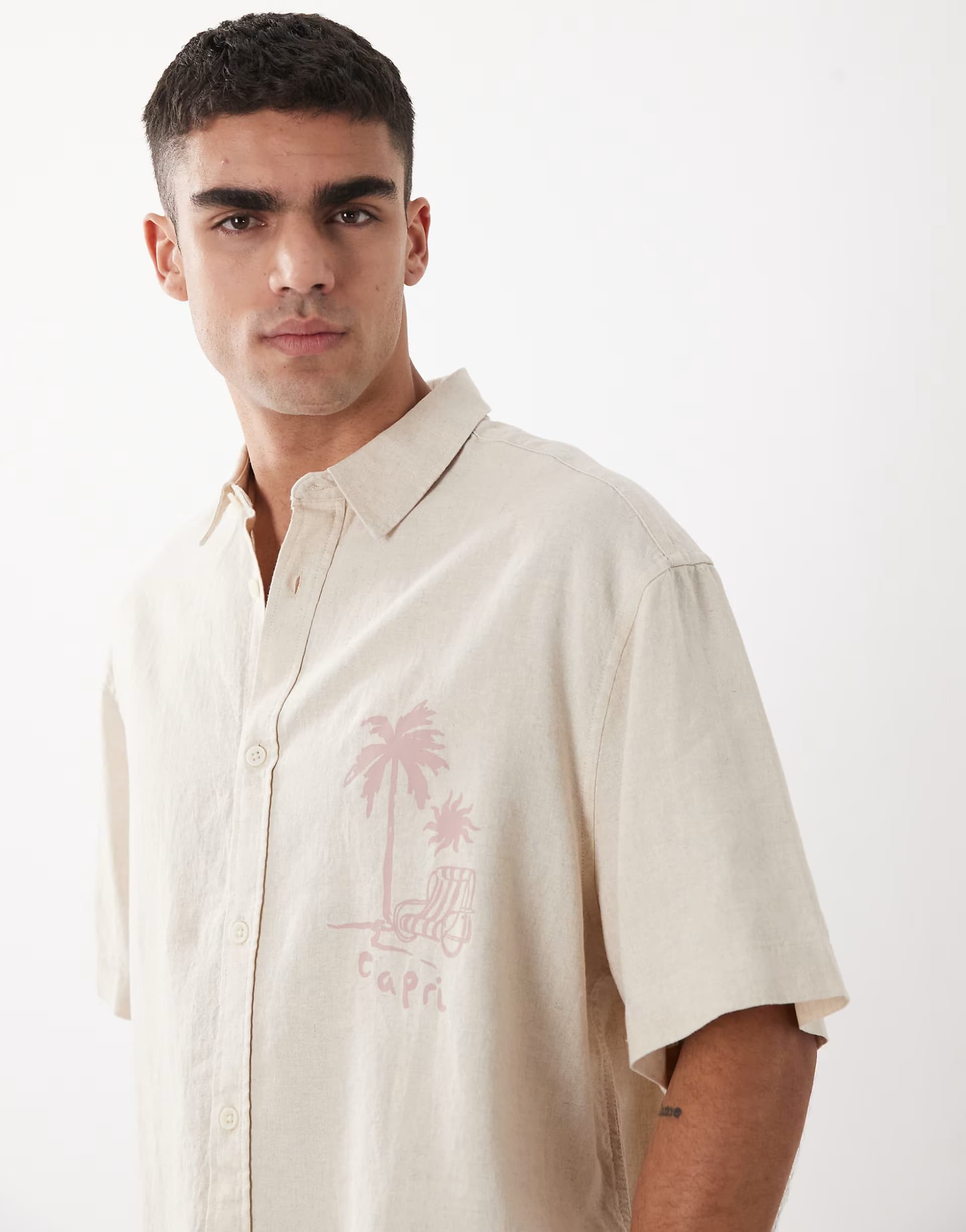 ASOS ASOS DESIGN boxy oversized linen blend shirt with placement print in beige