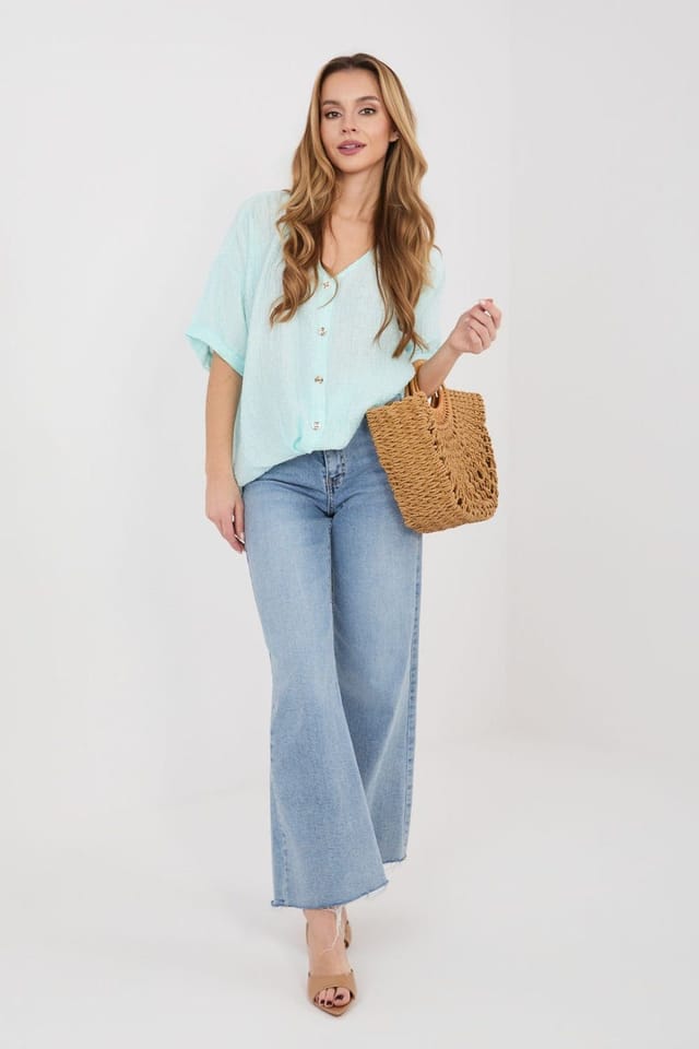 Love Lace Love Lace Women's Textured V Neck Short Sleeve Shirt in Viscose in Mint - 2