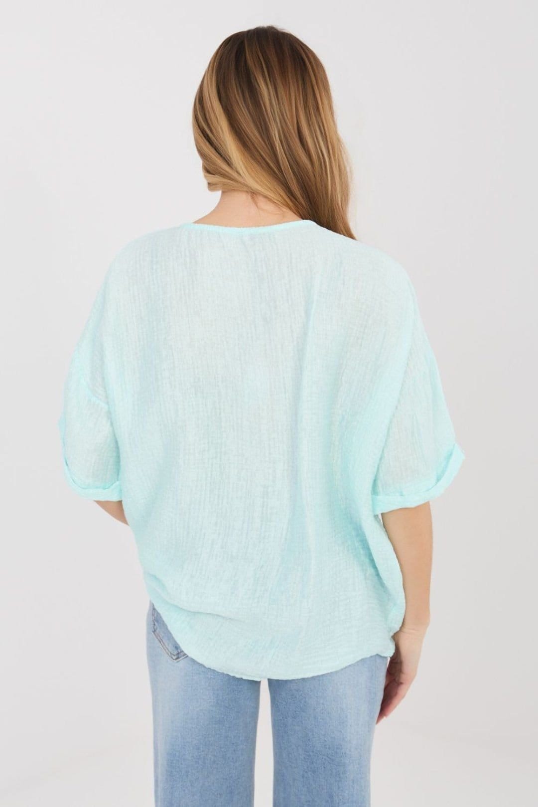 Love Lace Love Lace Women's Textured V Neck Short Sleeve Shirt in Viscose in Mint - 4