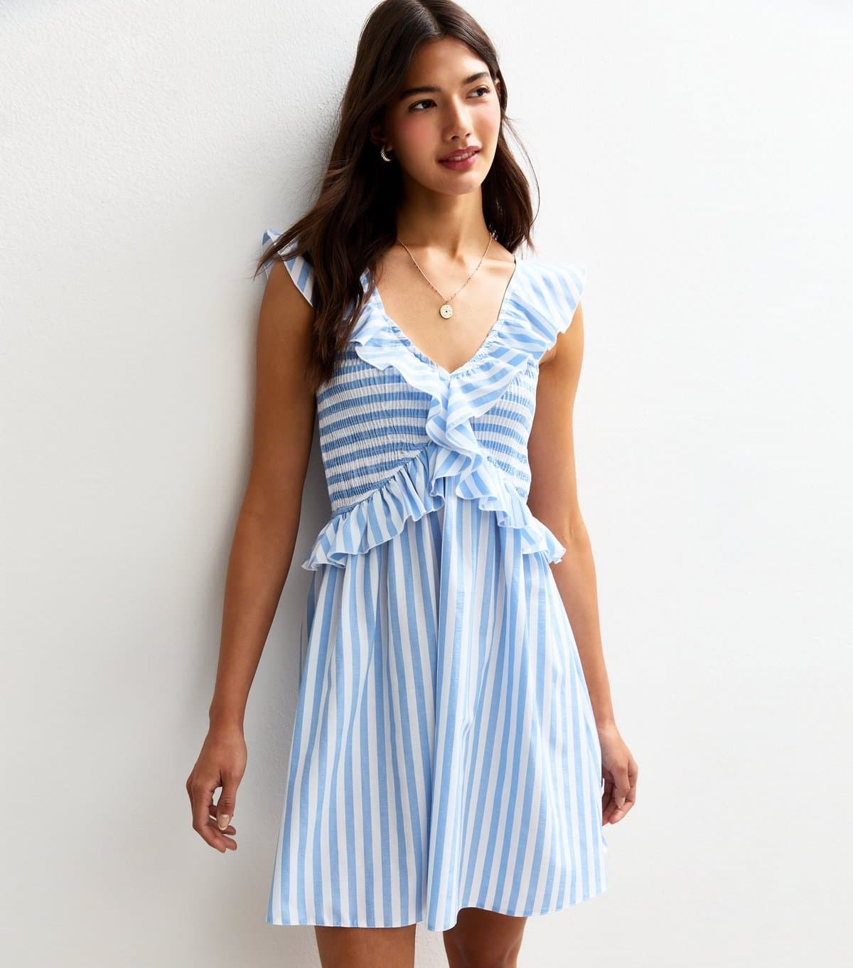 New Look Women's Blue Striped Print Ruffle Trim Shirred Mini Dress New Look