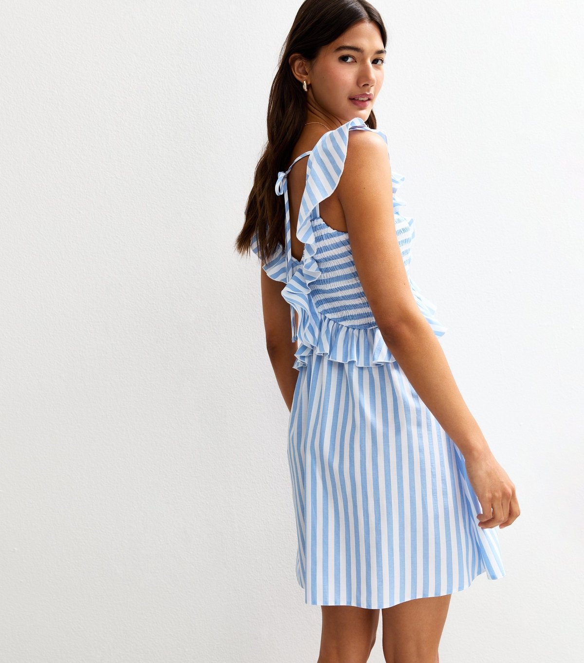 New Look Women's Blue Striped Print Ruffle Trim Shirred Mini Dress New Look - 4