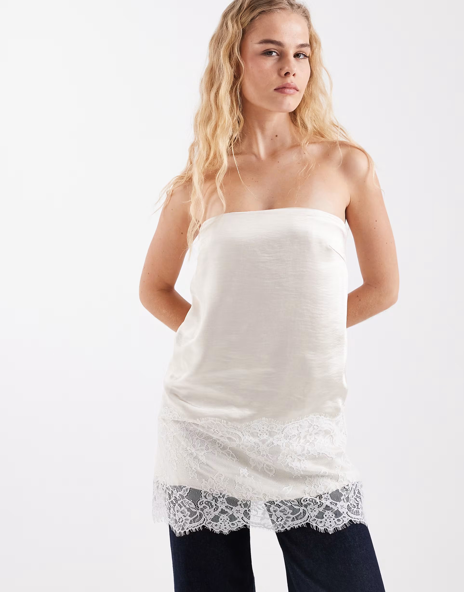 ASOS 4th & Reckless satin lace trim bandeau top in beige - 1