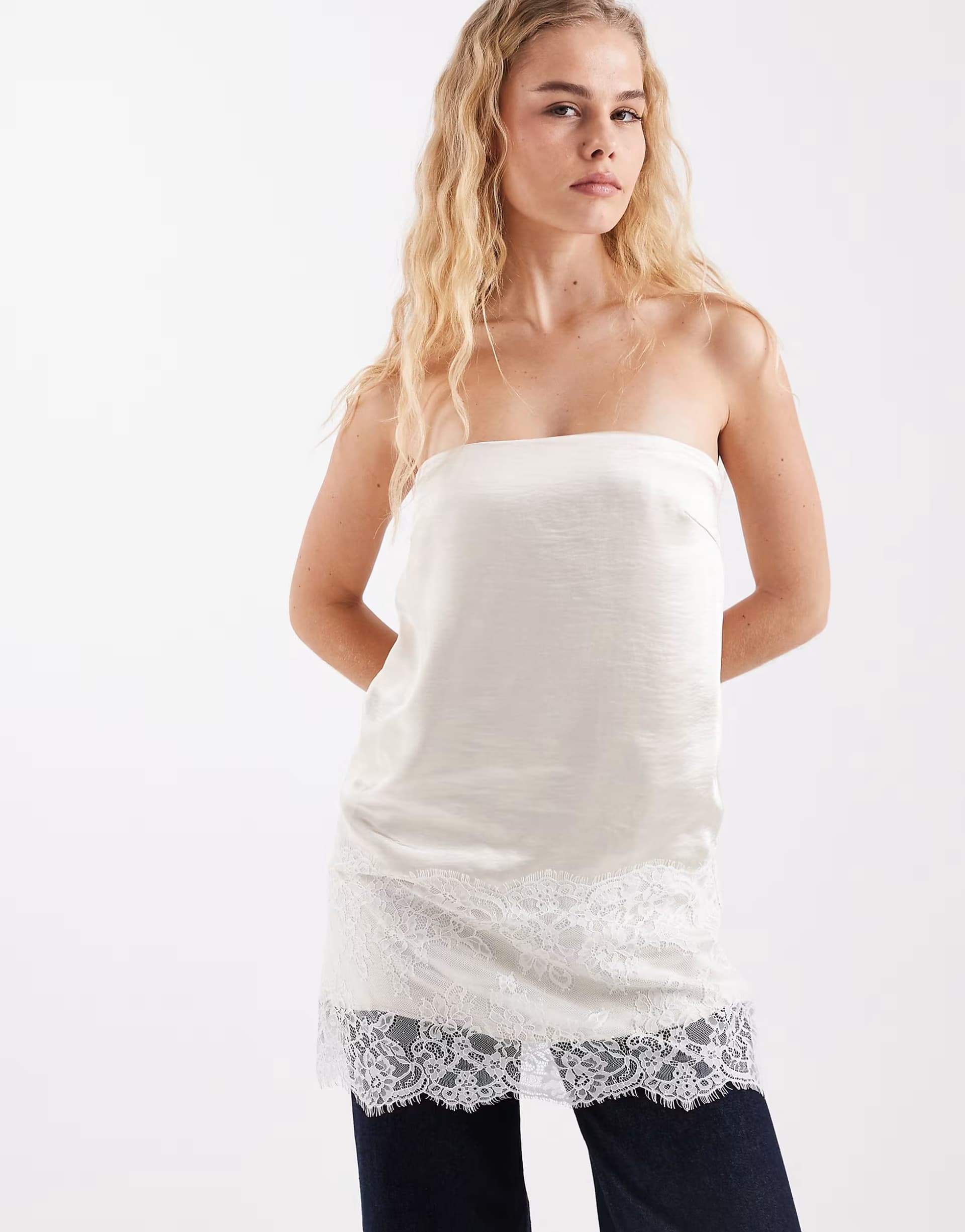 ASOS 4th & Reckless satin lace trim bandeau top in beige